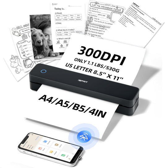 **Wireless Portable Printer – Compact Inkless Thermal Printer for Travel, Home, Office, and Vehicles | 300DPI Bluetooth Printer for 8.5"x11" US Letter, A4 & A5 Sizes – Compatible with Smartphones & PCs**