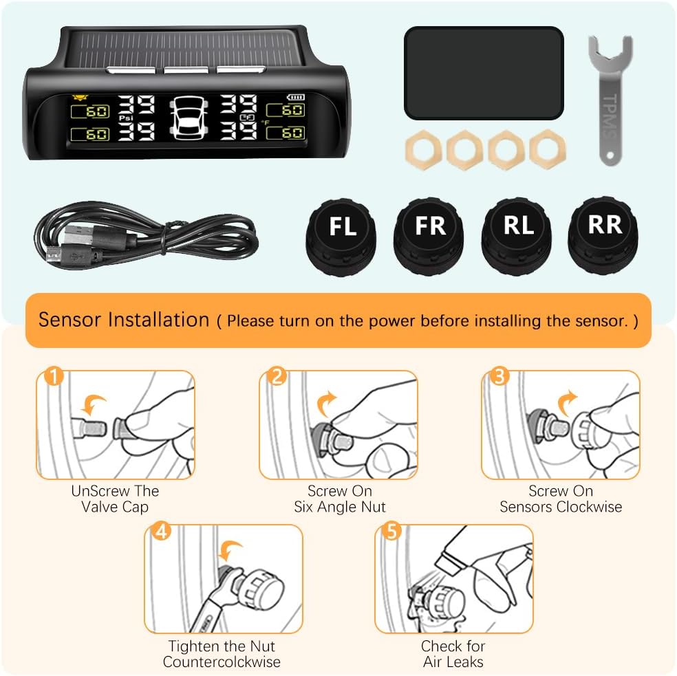 **Solar-Powered TPMS Tire Pressure Monitoring System with 4 Sensors & LCD Display**