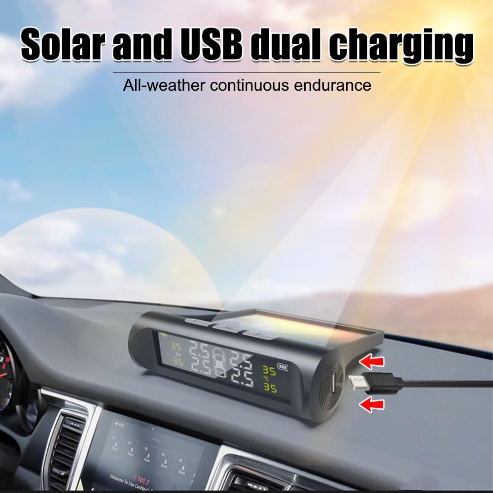 **Solar-Powered TPMS Tire Pressure Monitoring System with 4 Sensors & LCD Display**