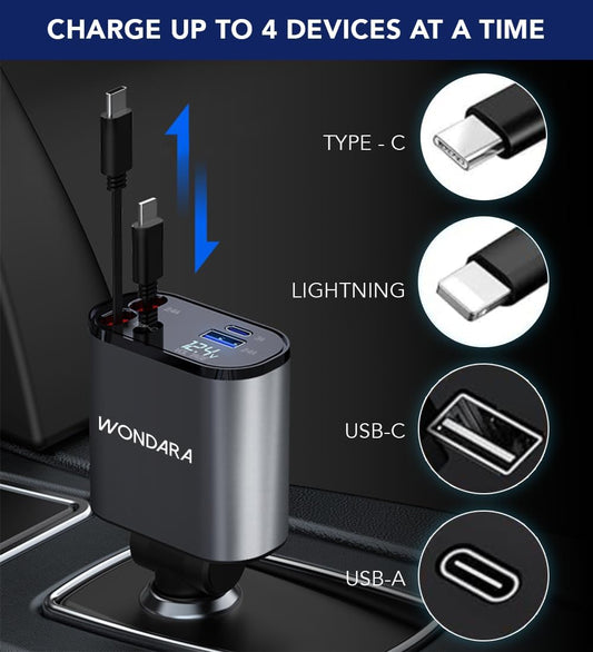 **4-in-1 Retractable Fast Car Charger – 120W High-Speed USB & Type-C Charging for All Devices**