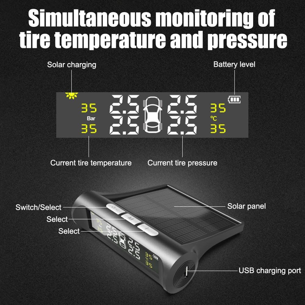 **Solar-Powered TPMS Tire Pressure Monitoring System with 4 Sensors & LCD Display**