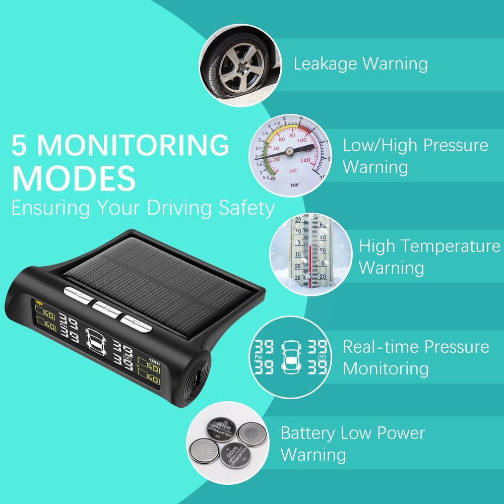 **Solar-Powered TPMS Tire Pressure Monitoring System with 4 Sensors & LCD Display**