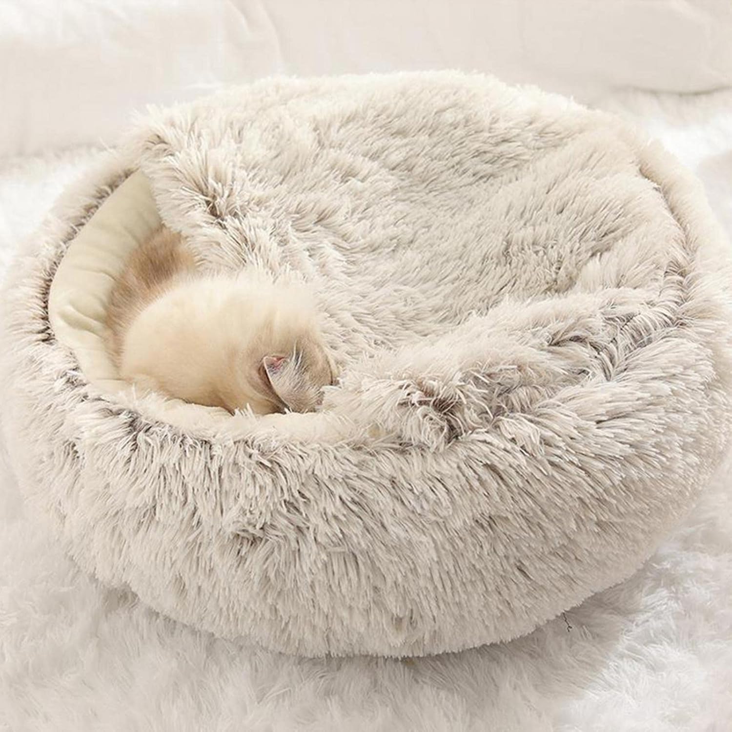 **Snuggle Cave Cat & Dog Bed – Self-Warming Faux Fur Donut for Small Pets (20"x20", Coffee)**