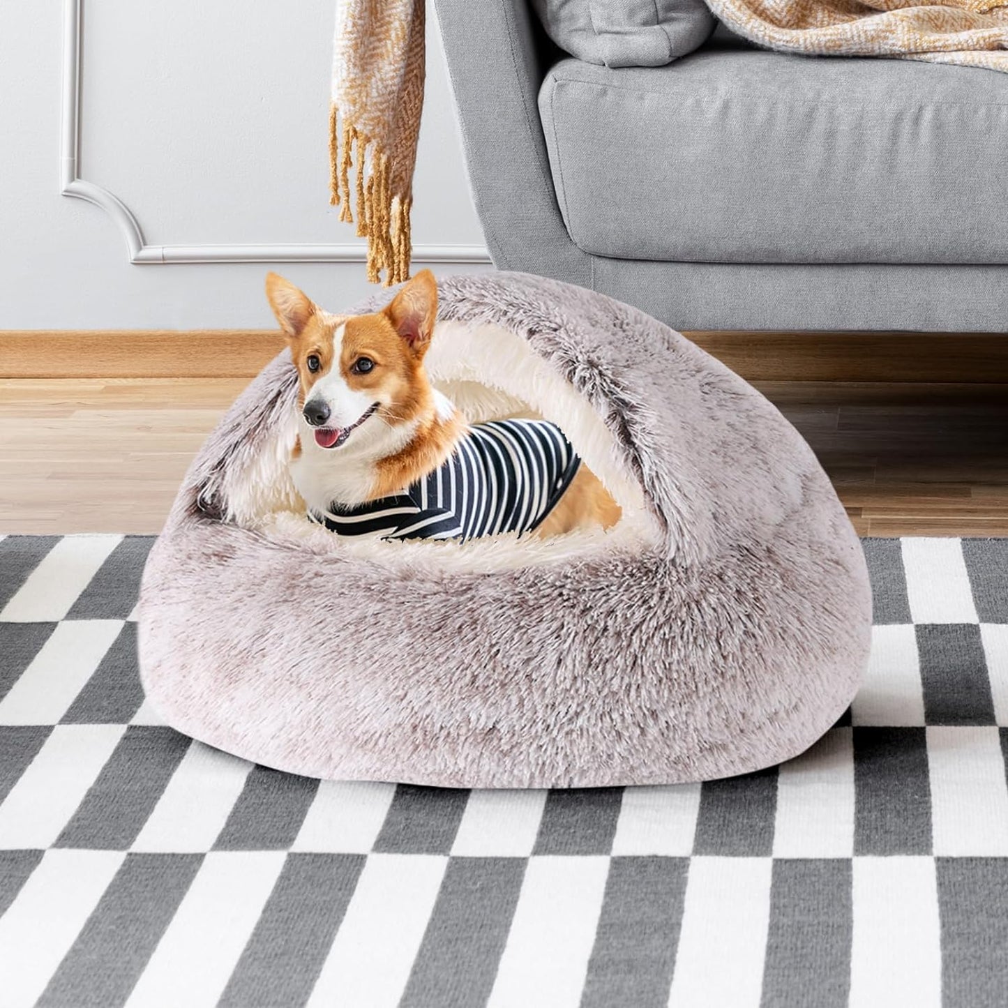 **Snuggle Cave Cat & Dog Bed – Self-Warming Faux Fur Donut for Small Pets (20"x20", Coffee)**